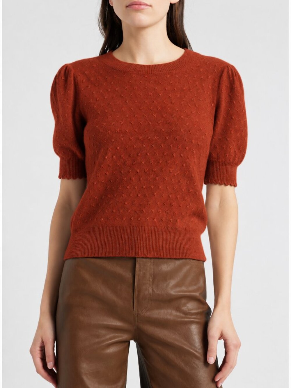 FRAME Puff Sleeve Pointelle Cashmere Sweater – Paprika XS